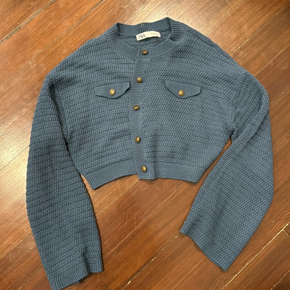 zara blue knit cardigan top. worn once. size s - Picture 1 of 2